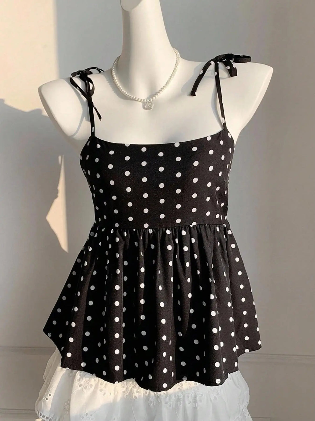 Women's Polka Dot Crop Cami With Spaghetti Straps And Flared Hem Polka Dot Camisole Babydoll Top Babydoll Tops Polkadot Top Cute