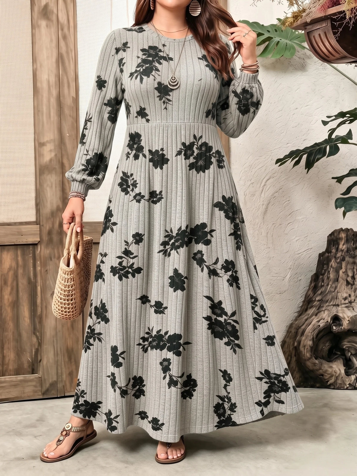 Plus Size Women Floral Print Ribbed Knit Maxi Dress Fall Winter Round Neck Puff Sleeve A Line Casual Long Dress