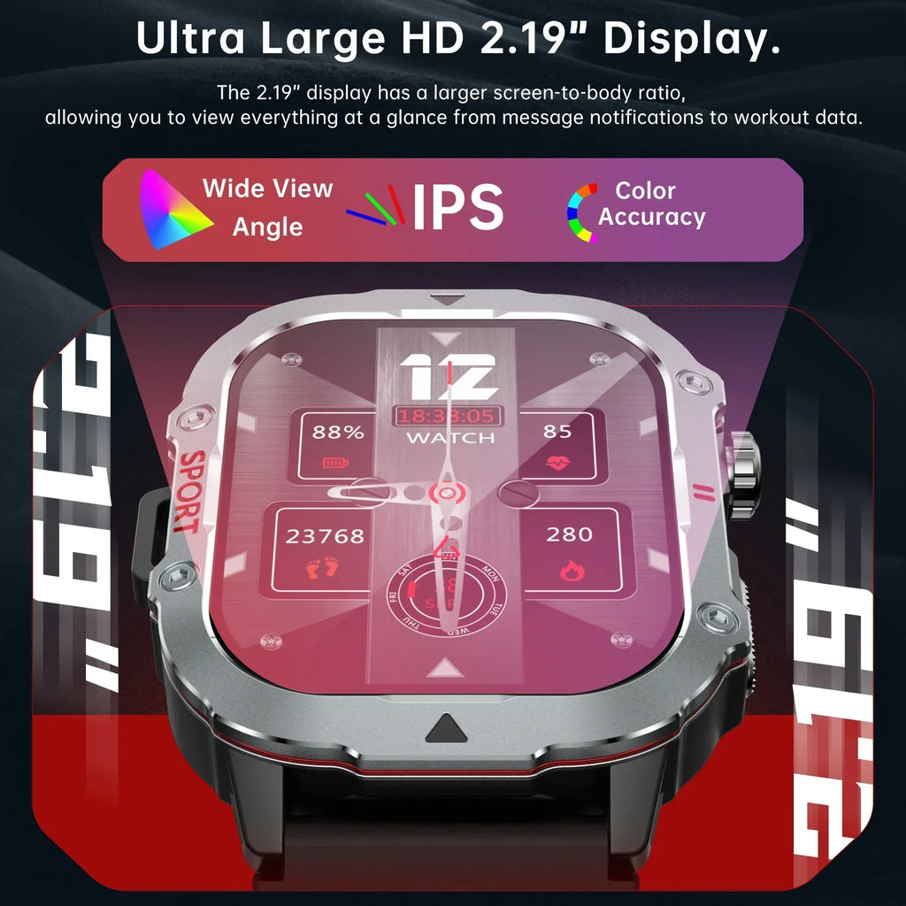 2026 New Military Smart Watch Men Waterproof Outdoor Sports Fitness Tracker Health Monitor 2.19" BT Call Smartwatch