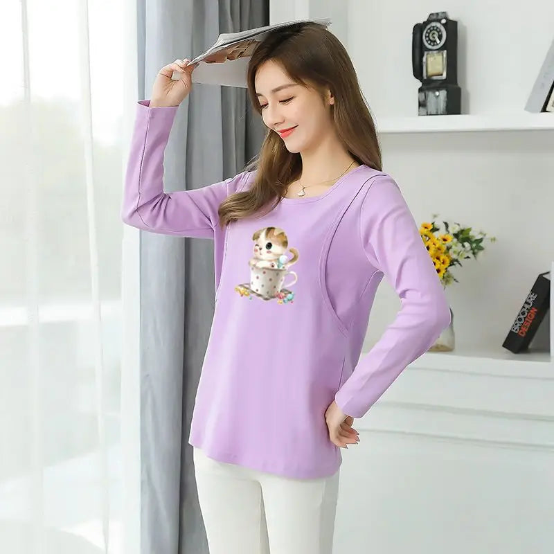 2025 Autumn Long Sleeve O-neck Postpartum Women Nursing T-shirt Maternity Breastfeeding Top Pregnancy Lactation Tees 7 Colors