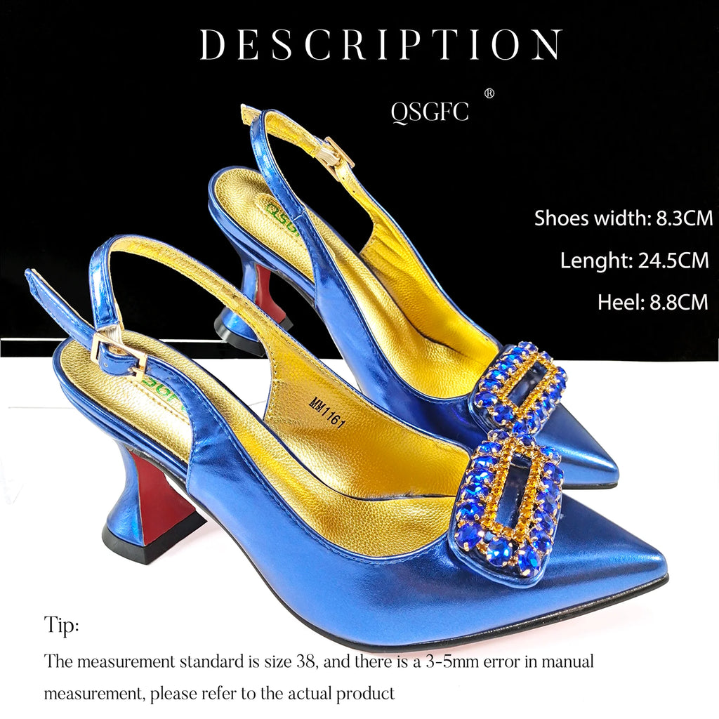 QSGFC Women High Heels Shoes for Women  Rhinestone Italian Designer Royal blue Color Pointed-Toe Shoes and Bags Set