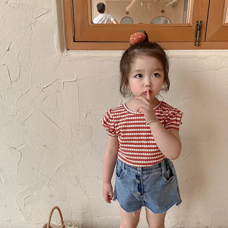 Summer New Korean Style Baby Girls Striped T-shirts Bowknot Backless Puff Sleeve Tops Toddlers Kids Tees