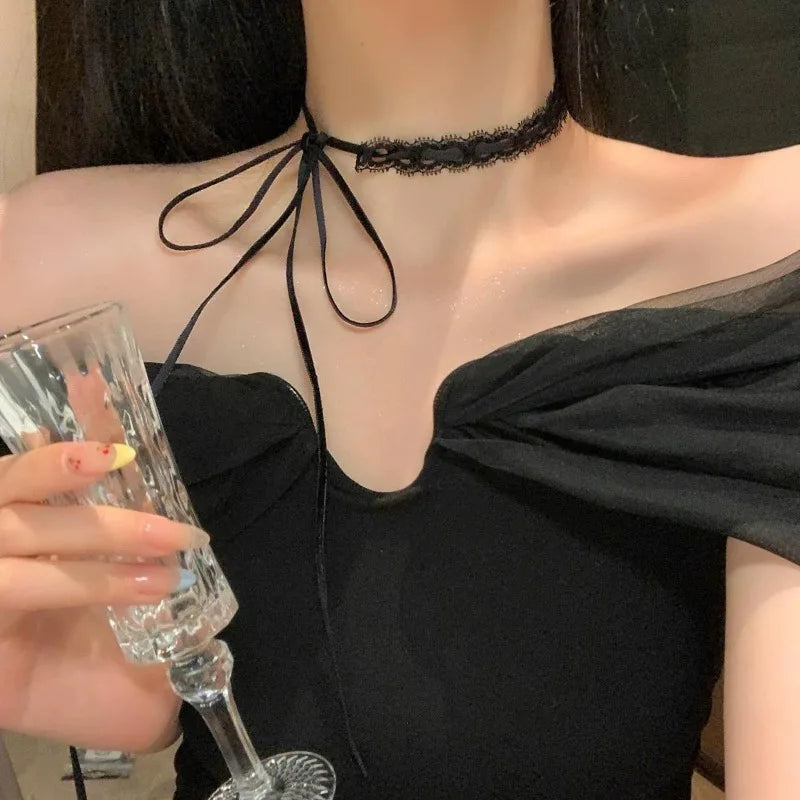 Black White Lace Bow Choker Necklaces for Women Gothic Dark Bow Strap Sweet Sexy Collar Necklace Party Female Jewelry Harajuku