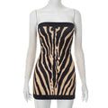 Zebra Striped Strapless Backless Women Mini A Line Dress Outfits Autumn Winter Off Shoulder Sleeveless Bodycon Dresses Vestido