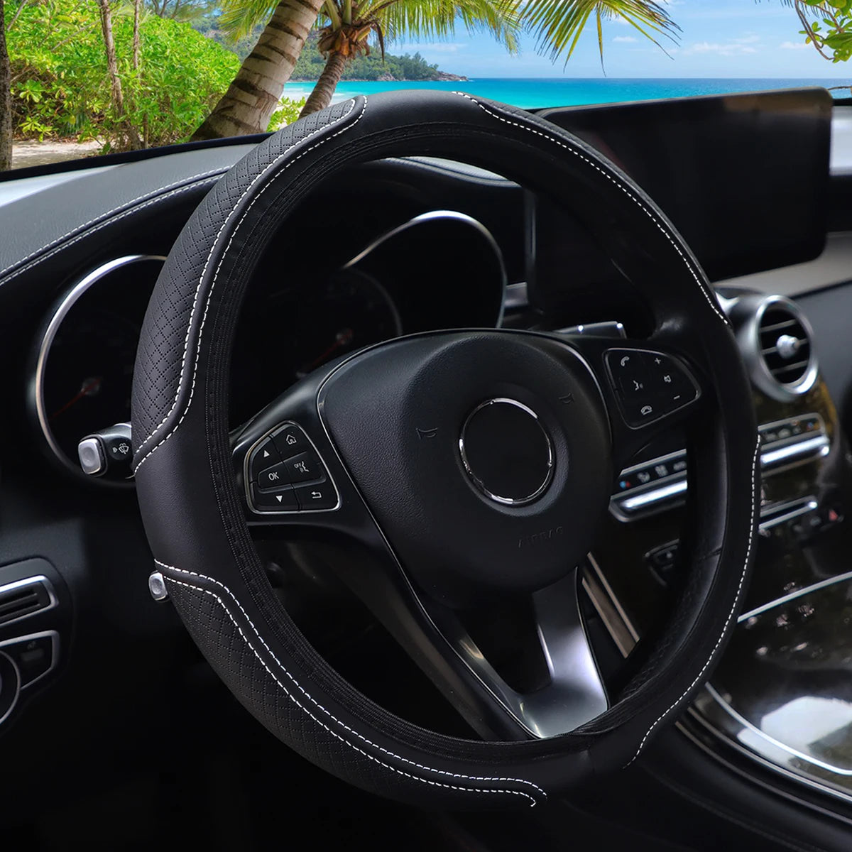 Artificial Leather Three-dimensional Embossed-car without Inner Ring Steering Wheel Cover Auto Parts for 14.5-15 Inches