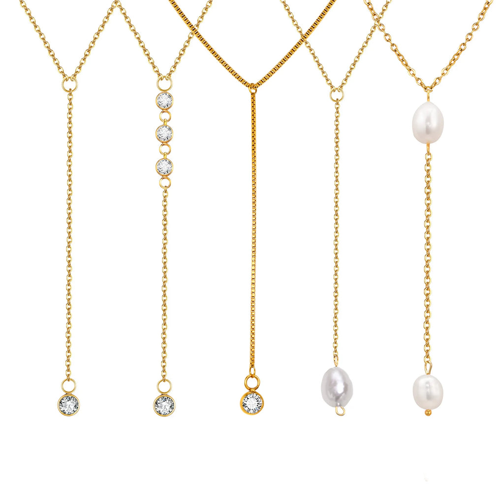 Stainless Steel Y Shape Pearl and Cubic Zirconia Pendant Neckalace For Women, Minimalist Personal Gold Plated Jewelry