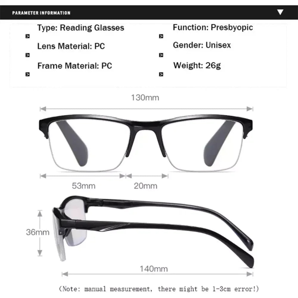 Square Reading Glasses Ultralight Half Frame Presbyopic Eyeglasses Men Women +0.25 0.5 0.75 1 1.25 1.5 1.75 2 2.25 2.5 2.75 3.0