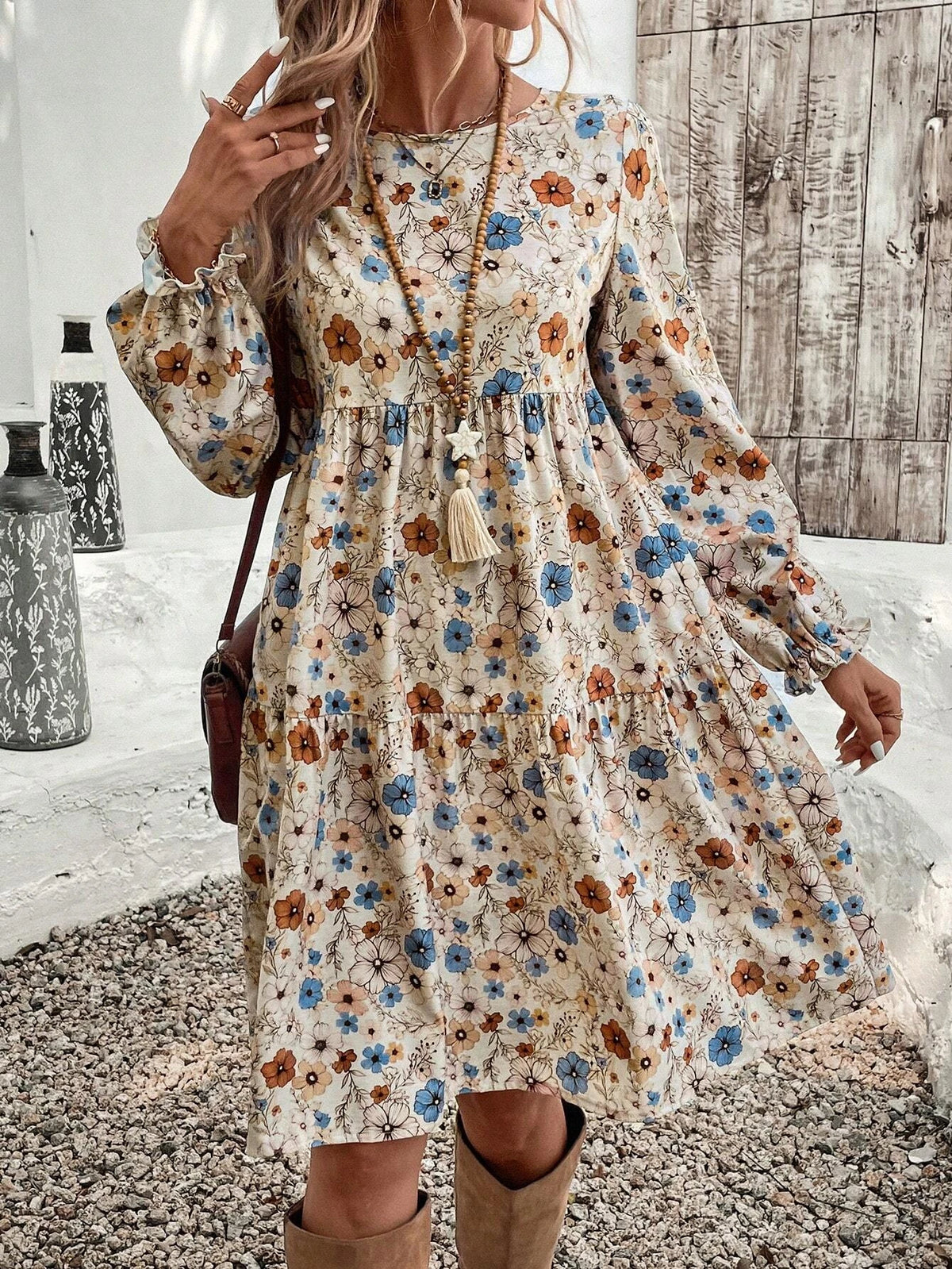 Women's Floral Print Tie Neck Flounce Sleeve Dress, Elegant Fashion Casual Dress for Daily Outdoor Wear, Women Dress for Spring