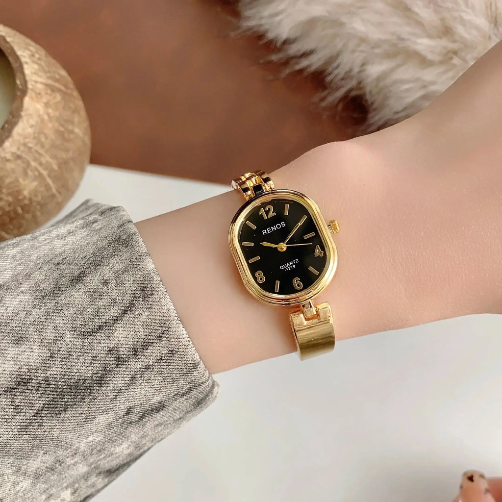 Women's Oval Gold Simple & Fashionable Quartz Watch, Suitable for Daily Wear and Decoration