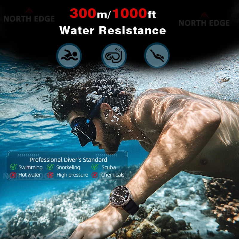 NORTH EDGE TRITON-TI Titanium Stainless Solar-Powered Diving Watch Luxury Quartz Watches For Men 300M Waterproof 180+ Day Power
