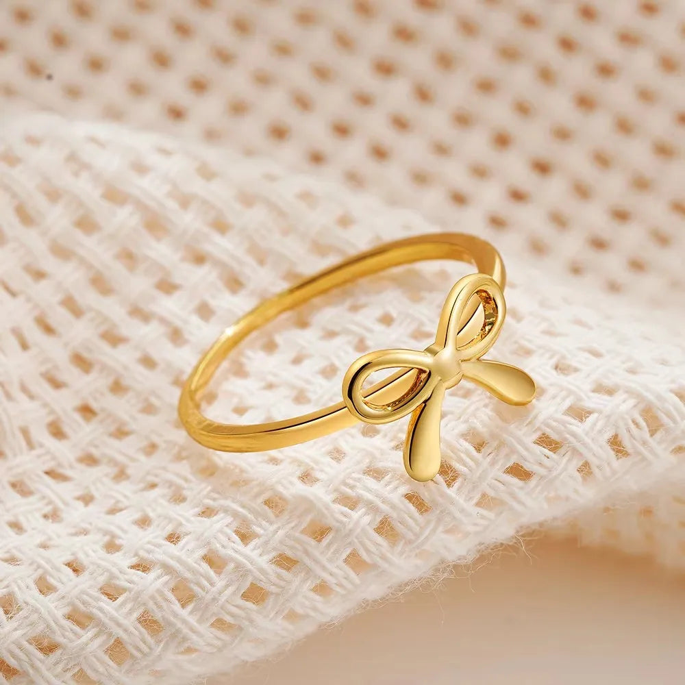 Minimalist Cute Gold Color Stainless Steel Bow Rings for Women Waterproof Butterfly Finger Ring Wedding Aesthetic Jewelry Gifts