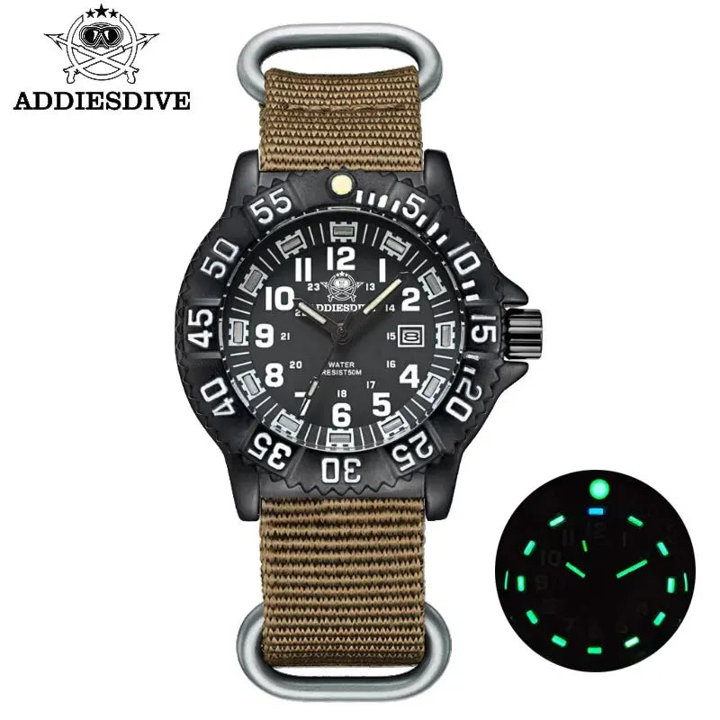 ADDIESDIVE Fashion Men's Analog Watch 50m Waterproof Luminous Tube Nylon Sports Men Military Wristwatches Quartz Watch for Men