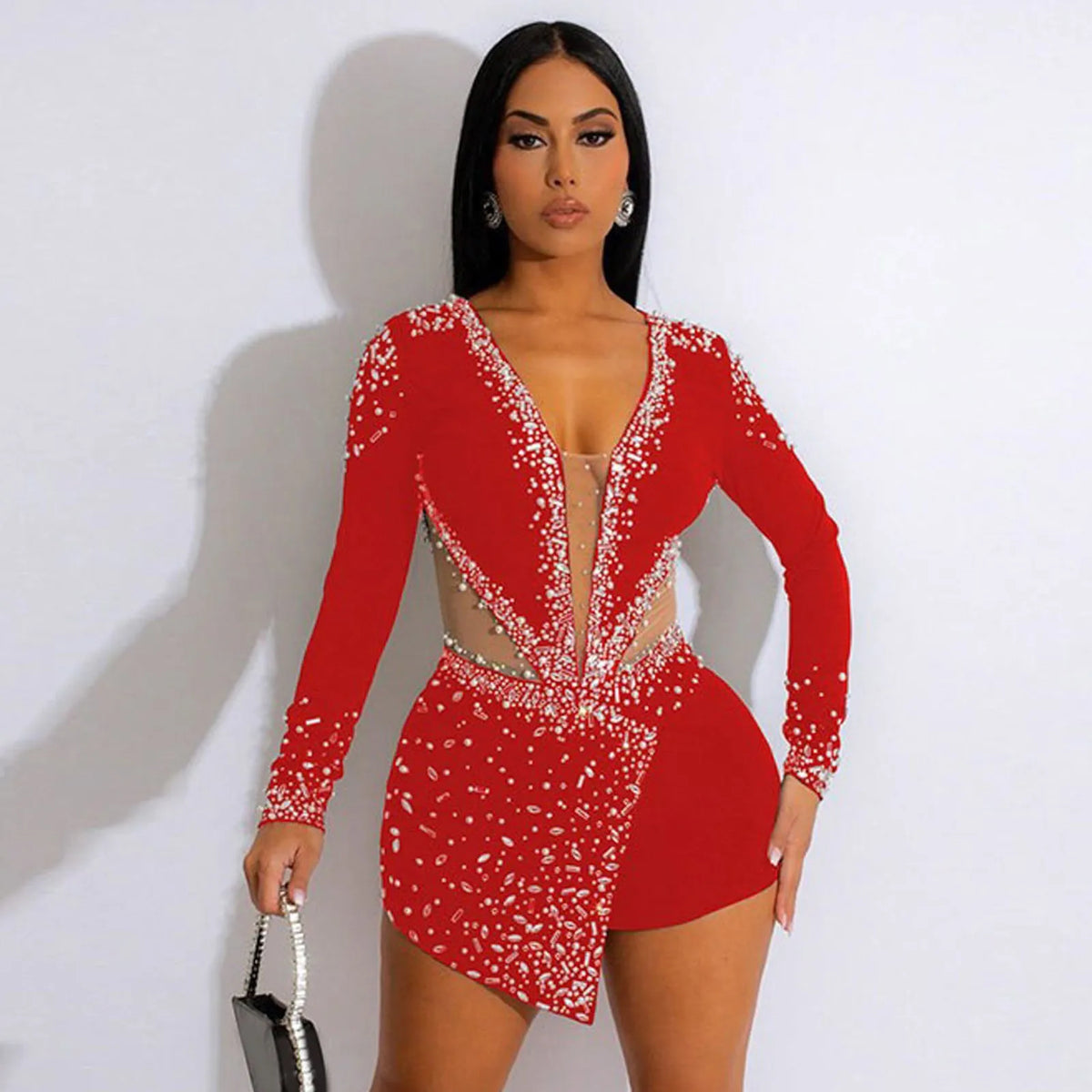 Women Glitter Rhinestone Sequins Formal Romper Clubwear Party Long Sleeve Deep V-Neck Mesh Sexy Playsuit One-Piece Jumpsuit