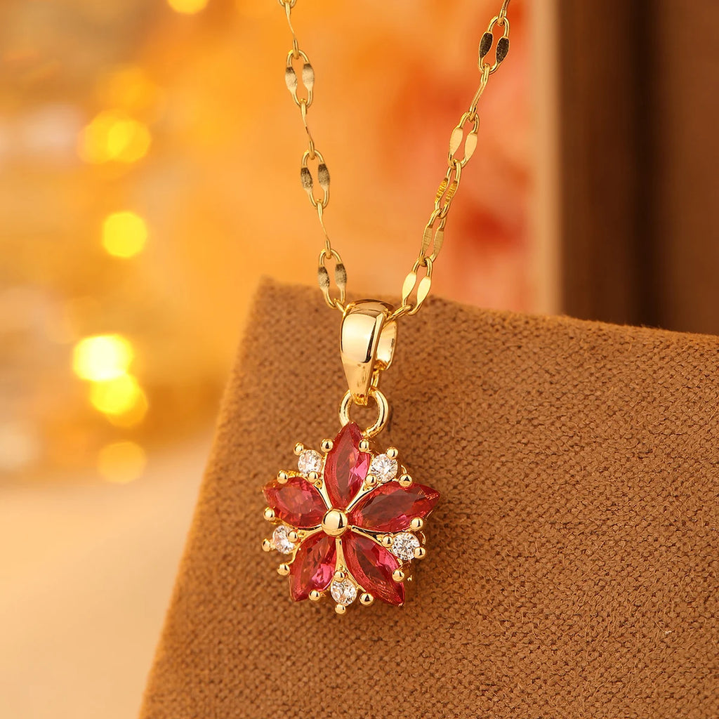 New Sweet Pink Cherry Blossoms Pendant Stainless Steel Necklaces For Women Korean Fashion Temperament Clavicle Chain Jewelry