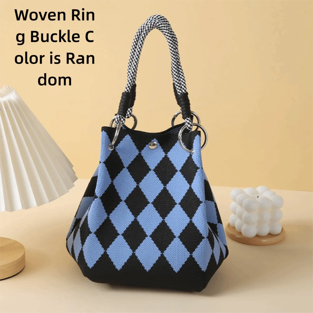 Cute Cartoon Knitted Bucket Bag Handmade Woven Ring Buckle Wrist Bag Large Capacity Tote Bag for Women Girls