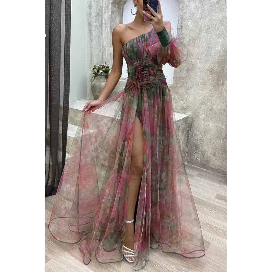 Women New Party Mesh Sloping Shoulder Dress Casual Fashion Sexy High Waist Long Maxi Loose Dress