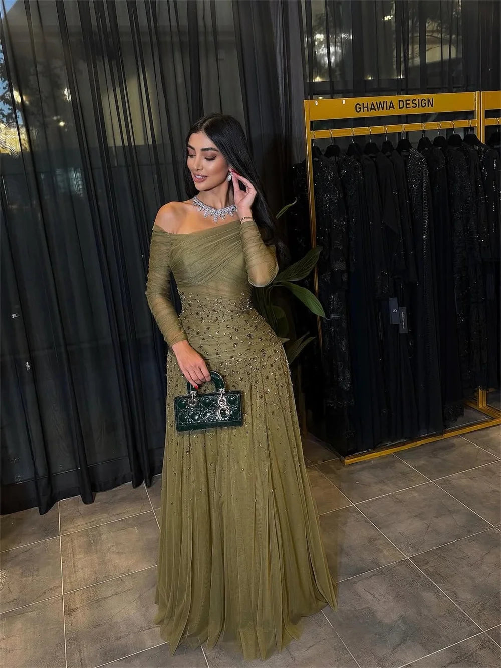 Sansa Customized Olive Modest Flared Off Shoulder Prom Dresses Glitter Stone Sheer Long Sleeve vestidos de noche Wedding Party 2