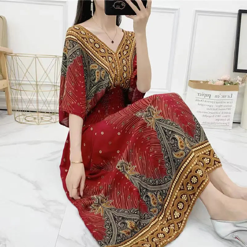 2025 Summer New Casual Elegant Retro Bohemian Style V-neck Elastic Waist Large Swing Printed Long Skirt Autumn Summer Dress
