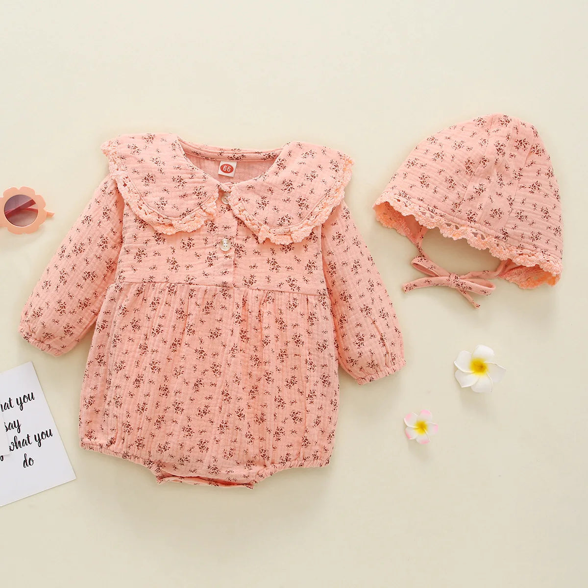 Autumn Newborn Infant Baby Girls Romper +hat  Muslin Lapel Floral Rompers Kids Onepiece Fashion Baby Clothing