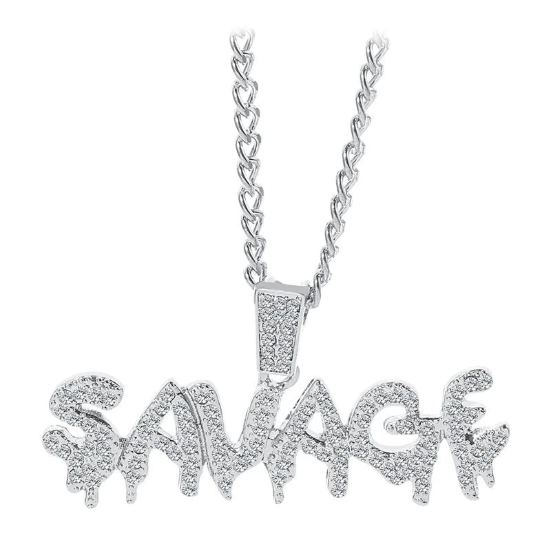 Bling Bling Savage Letter Necklace & Pendant Shiny Ice Out Link Chain Necklace With Tennis Chain Choker Hip Hop Jewelry for Men