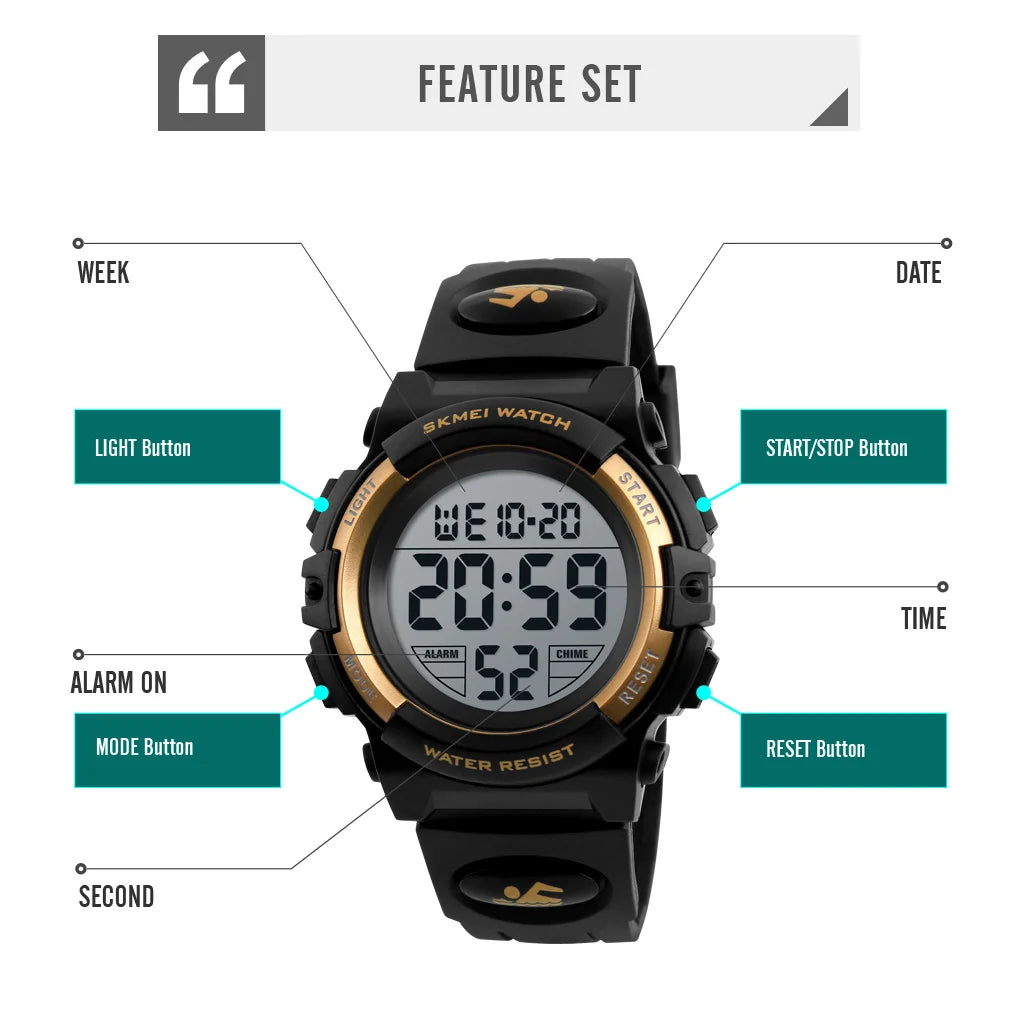 SKMEI Children LED Electronics Digital Watch Chronograph Clock Sport Watches 5Bar Waterproof Kids Wristwatches For Boys Girls