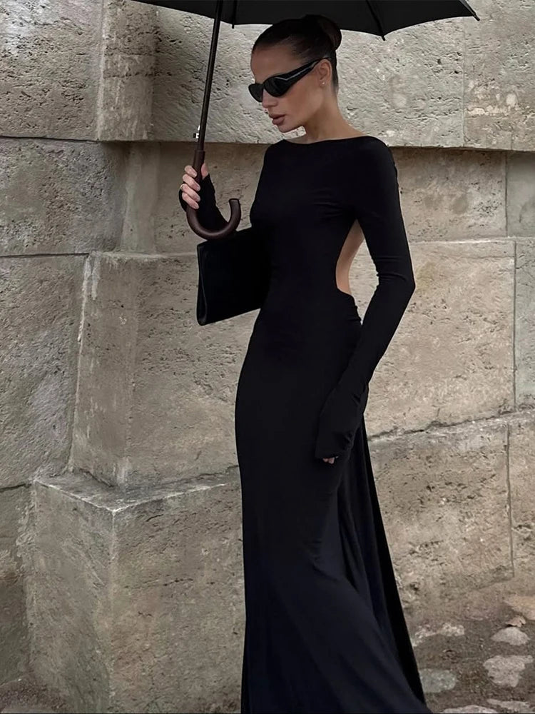 Sisterlinda Classic Bead Backless Dress Women Sexy Slash Neck Full Sleeve Simple Fashion Stretch Banquet Party Elegant Vestidos