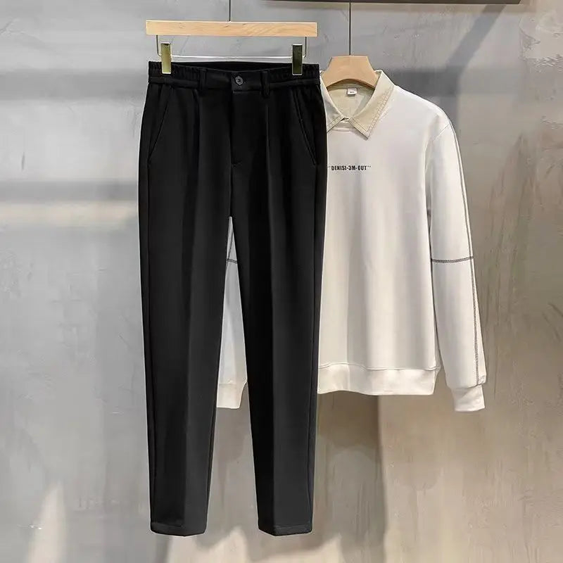 Autumn Winter Men's Woolen Suit Pants Formal Business Office Slim Straight Elastic Waist Korean Casual Tapered Brown Trousers
