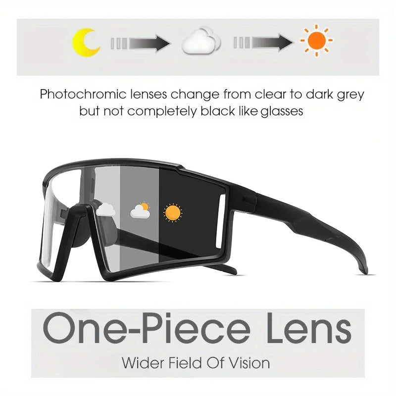 Photochromic One-Piece Sports Sunglasses - Oversized Wraparound Frame, UV400 Comfort Fit for Cycling, Fishing & Travel