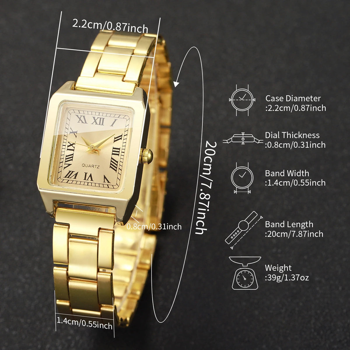 5PCS Fashion Women Quartz Watch Rhinestone Jewelry Set Elegant Square Dial Wristwatch Clock Gift Reloj Mujer（Without Box）