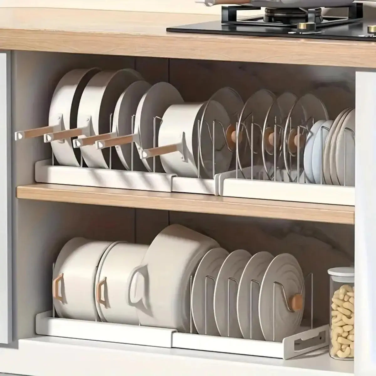 Expandable Kitchen Pot Pan Organizer Under Cabinet with 7 Adjustable Dividers Food Storage Container Lid Storage 1 Pack