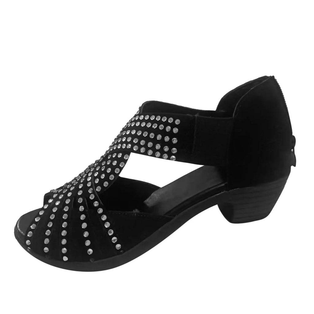 Rhinestones Diamond Sandals Women Summer Suede Open Toe Back Zipper Thick High Heel Sandals Shoes Hollow Out Rome Shoes Zapatos
