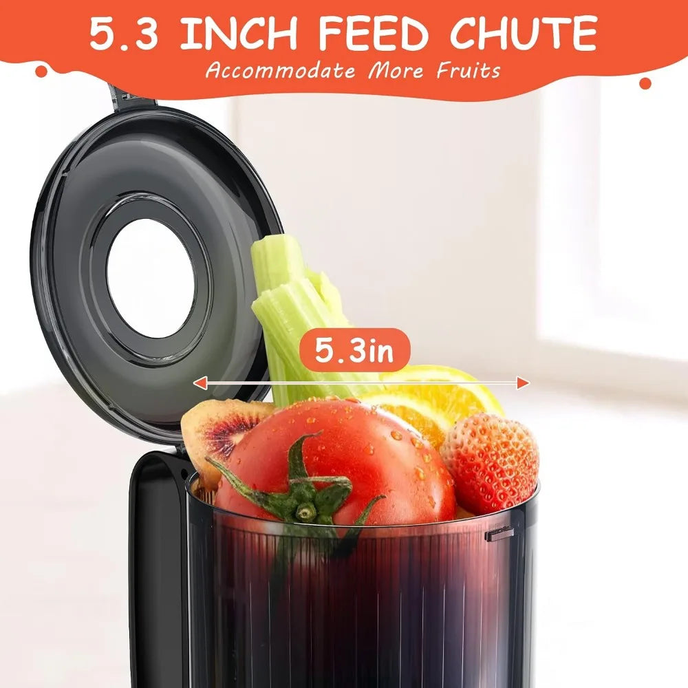 5.3-Inch Cold Press Juicer, 300W Slow Masticating Machine, Large Feed Chute for Whole Fruits & Veggies, Easy Clean, Black
