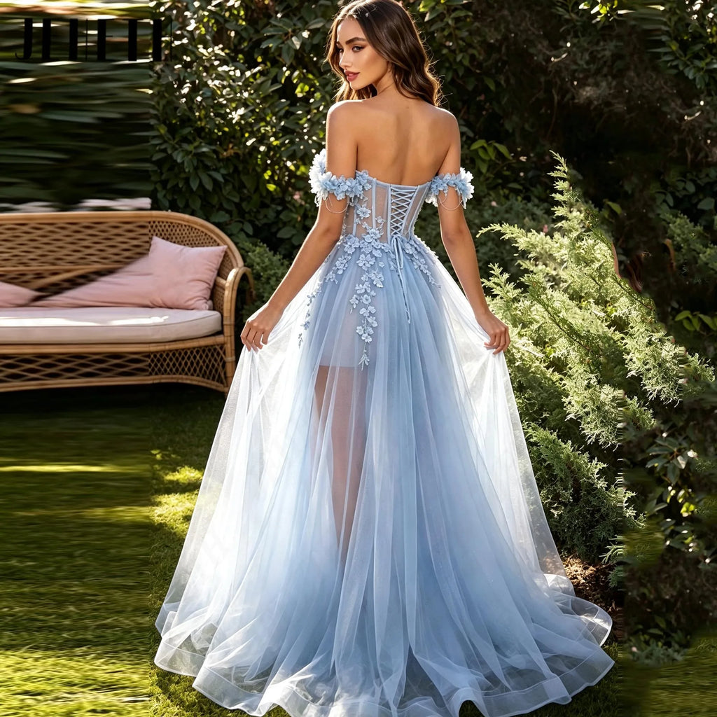 JEHETH Tulle Women's Prom Gowns Flower High Side Slit Evening Gown Illusion Off The Shoulder Graduation Dress 2026 Custom Made