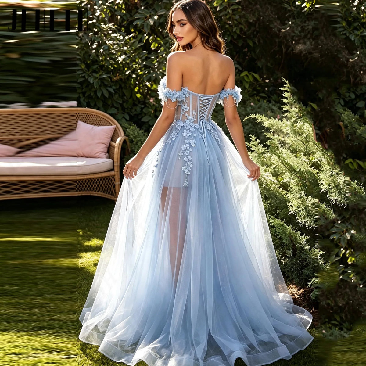 JEHETH Tulle Women's Prom Gowns Flower High Side Slit Evening Gown Illusion Off The Shoulder Graduation Dress 2026 Custom Made