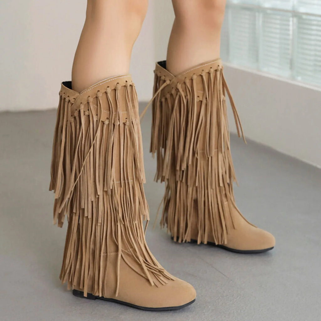 Boots Women Mid Calf With Heel Women'S Winter Chunky Heel Fringe Boots Inside Booster Mid Faux Leather Western Boots