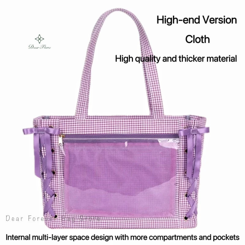 Japanese Sweet Women Ribbon Ita Bag Fashion Large Capacity Tote Bag Aesthetic Shoulder Bag Cute Lolita Girl Transparent Handbags