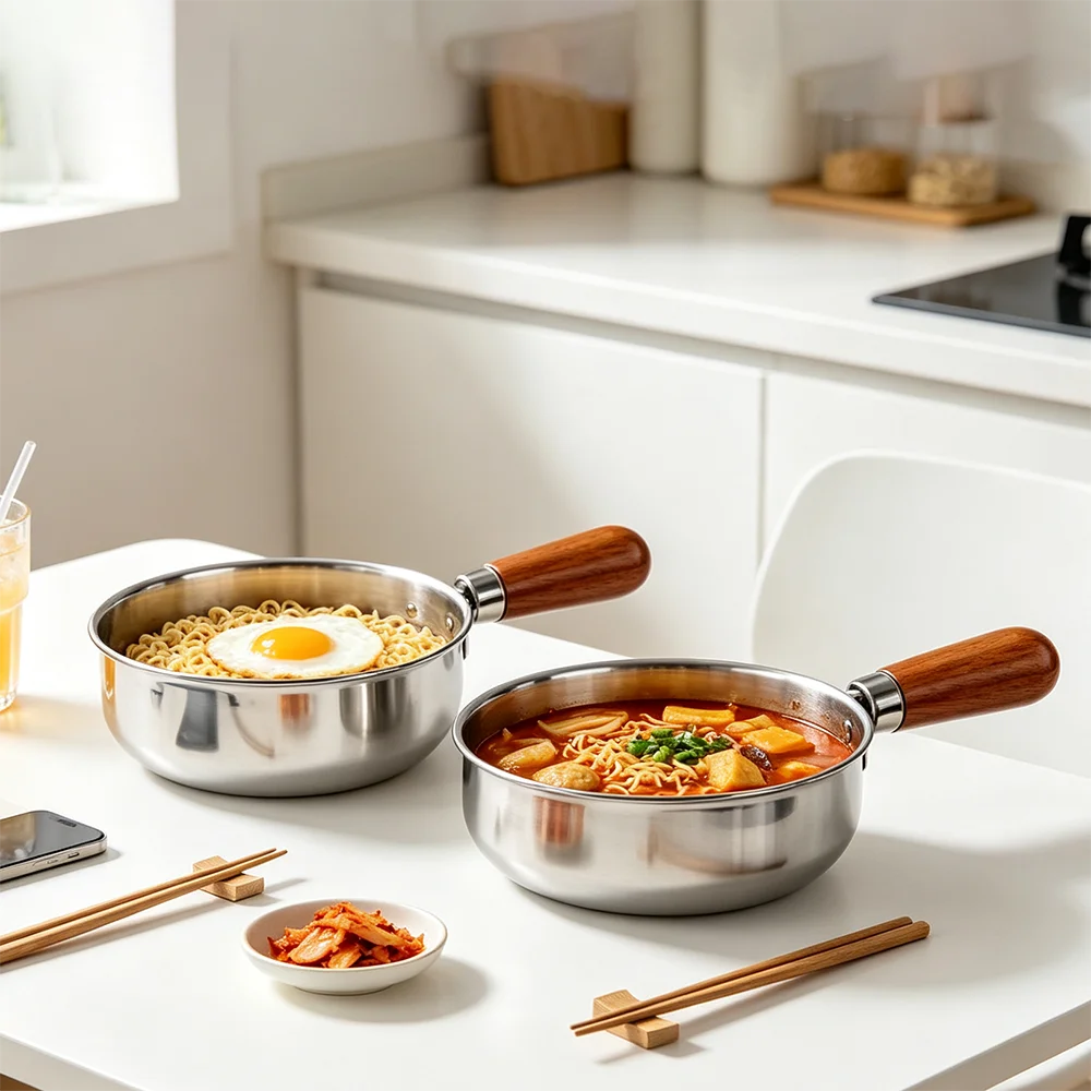 1pc Stainless Steel Instant Noodle Bowl, Detachable Handle Small Pot for 1 Person,Ramen Egg Salad Bowl with Walnut Wood,Egg Bowl