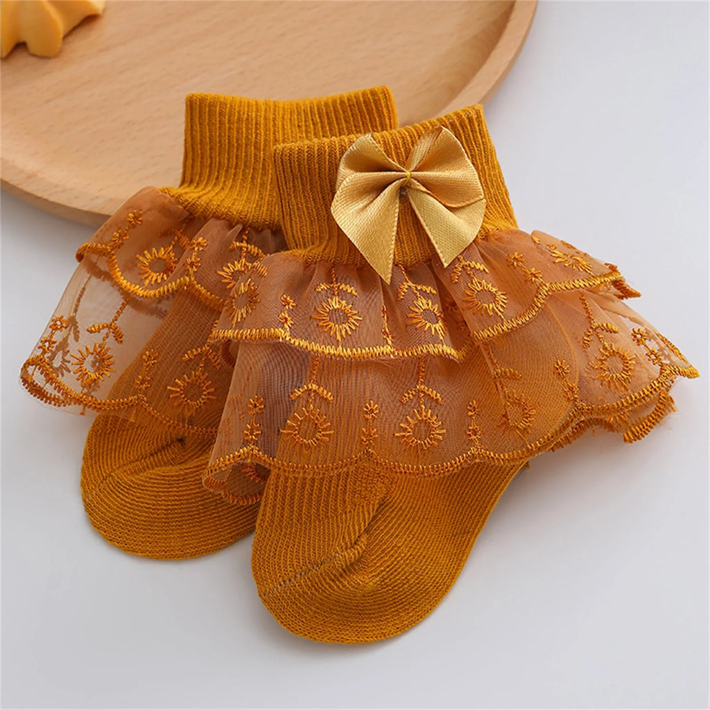Pudcoco Infant Baby Girls Ruffle Lace Socks, Super Soft Infant Ankle Socks Princess Dress Socks with Bow 3M-2T