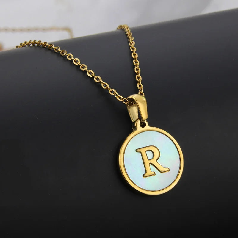 Initial Letter Necklaces for Women Trendy Stainless Steel Circle Couple Pendant Inlaid Shell Jewelry