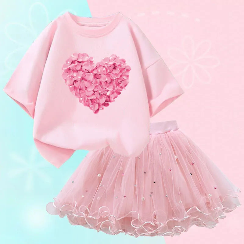 Summer Little Girls Clothing Cute Cat T Shirt& mesh Tutu Skirt Two Piece Set Fashion Korean Children Clothes Outfits 3-14years