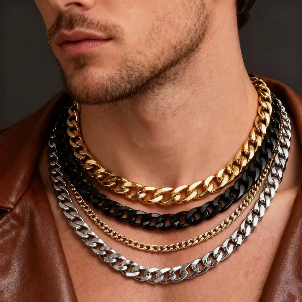 HNSP 3/5/7/9/12MM Stainless Steel Cuban Link Gold Chain Necklace For Men Jewelry Waterproof Accessory Gift