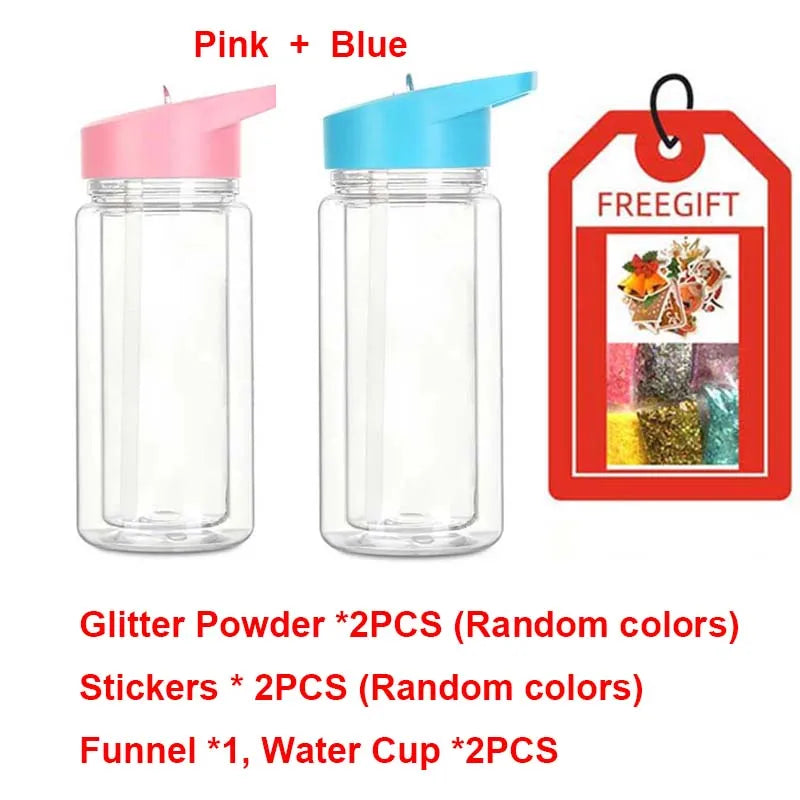 2/4PCS Reusable Double Layer Plastic Water Bottles With Lid And Straw 10Oz DIY Snowball Cup with Pre Drilled Hole Drinkware Cups