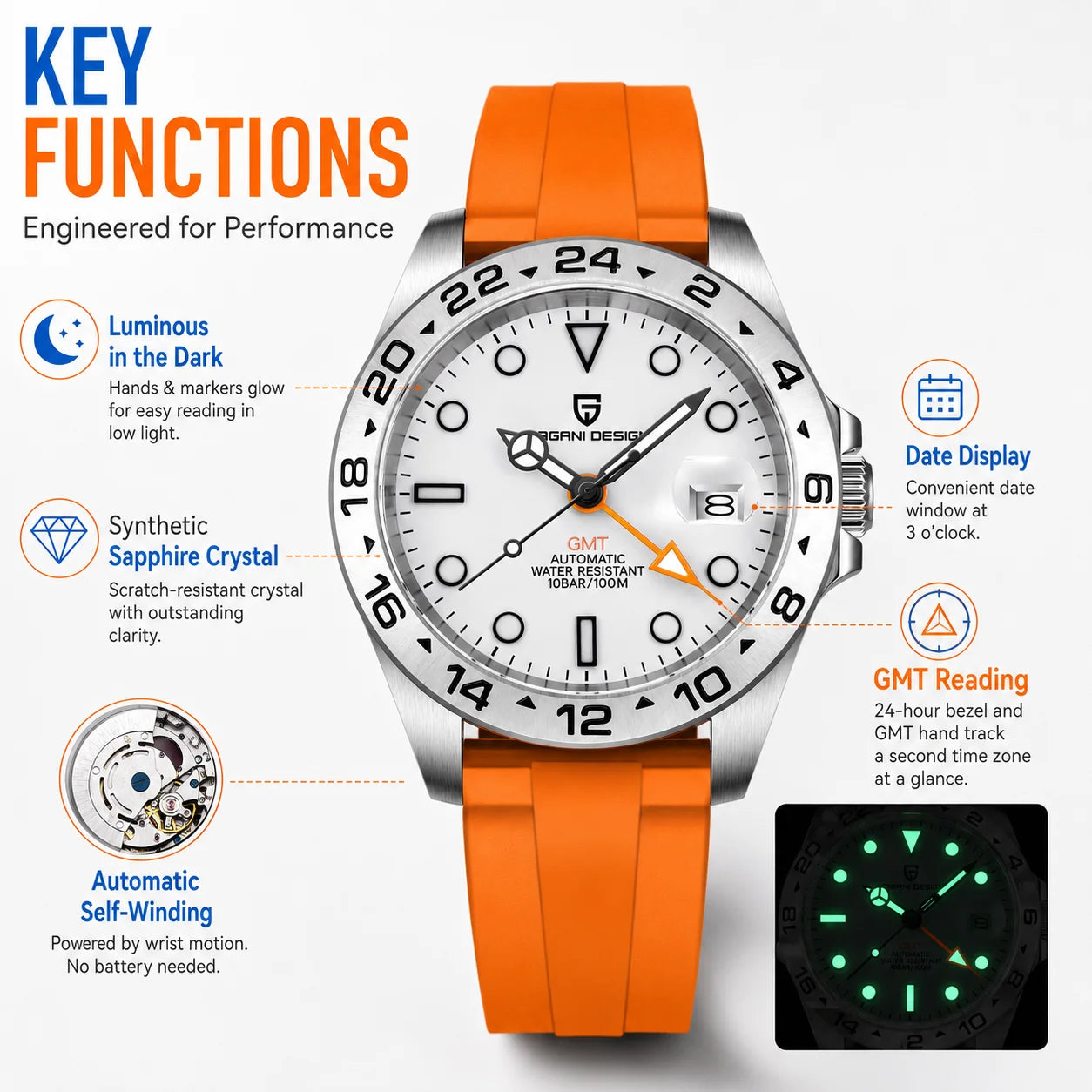 PAGANI DESIGN Vintage 42MM GMT Men's Watch PD1682 Automatic Mechanical Timepiece Sapphire Stainless Steel 100M Waterproof Retro