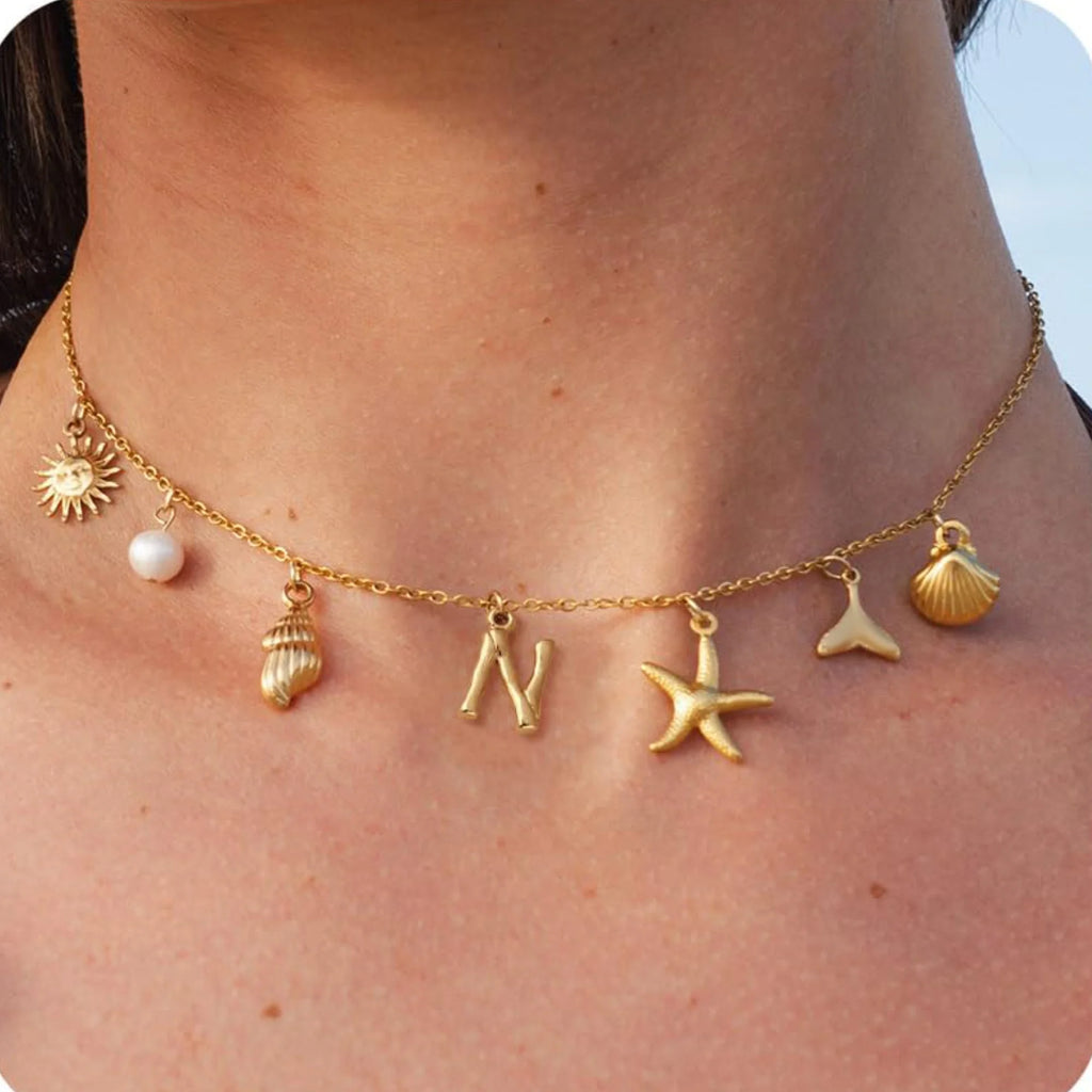 MHS.SUN Starfish Shell Initial Necklace Waterproof 18K Gold Plated Stainless Steel Charm Necklaces Surfer Girl Summer Beach Gift