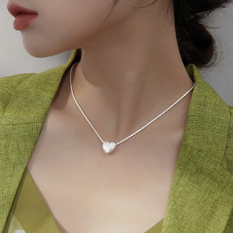 New 925 Sterling Silver Girls Hammer Pattern Love Necklace Simple Heart Shaped Pendant Women's Gift Boutique Jewelry NK153