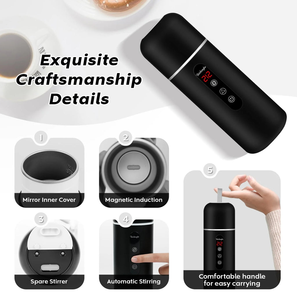 420ml Portable Car Heating Cup Electric Kettle 304 LED Smart Temperature Control Warmer Stirring Cup Heating Bottle Mixing Cup