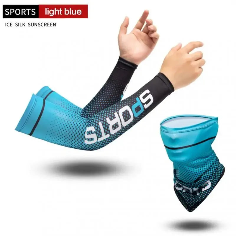 2Pcs Set UV Protection Long Sleeve with Full Face Mask Outdoor Sport Cycling Ice Silk Breathable Neck Protector Arm Cover