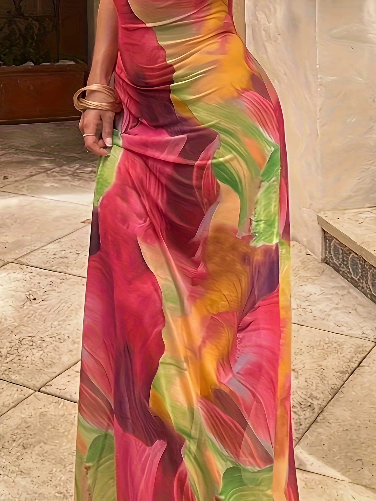 Leisure Beach Vacation, Tight and Sexy Strapless Suspender, Gradient Flower Print, Loose Hip Hugging Skirt, Long Skirt