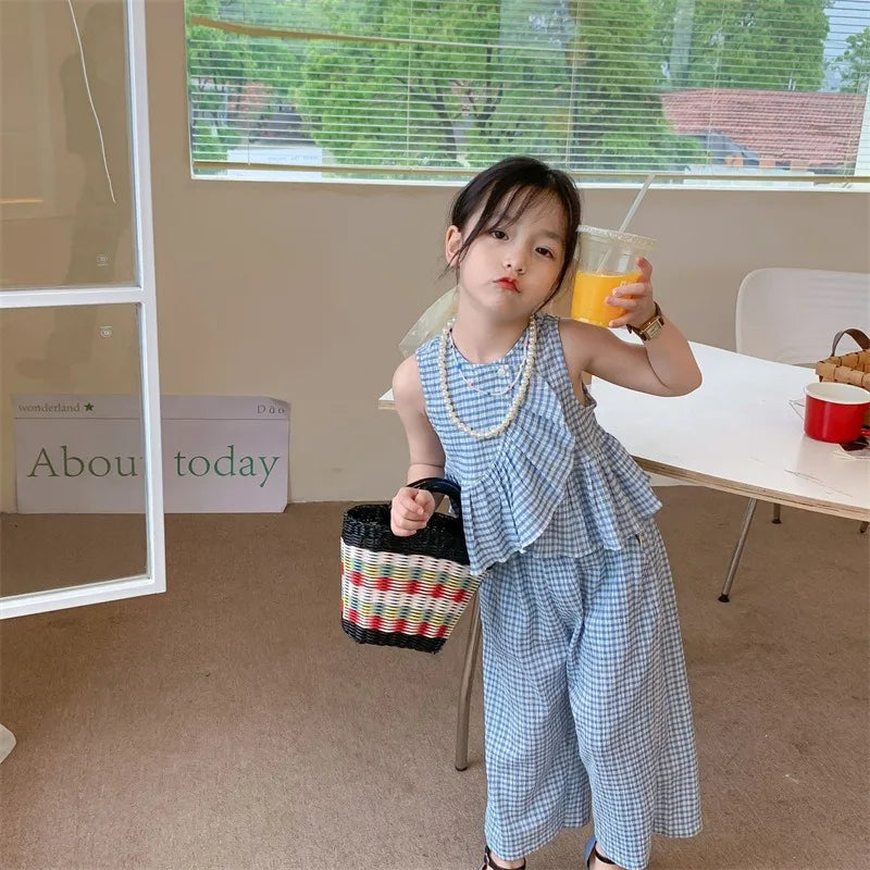 Summer Girls' Clothing Sets Plaid Fashion Version Personalized Top + Long Pants 2Pcs Baby Kids Children Clothes Suit