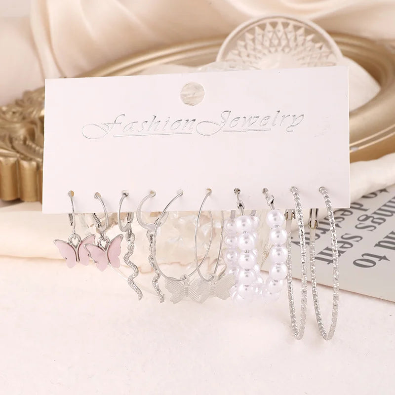 Women's Pink Butterfly Earrings Swirly Dangles/Imitation Pearl /Textured Silver Color Hoop Earrings Diverse Earring Set